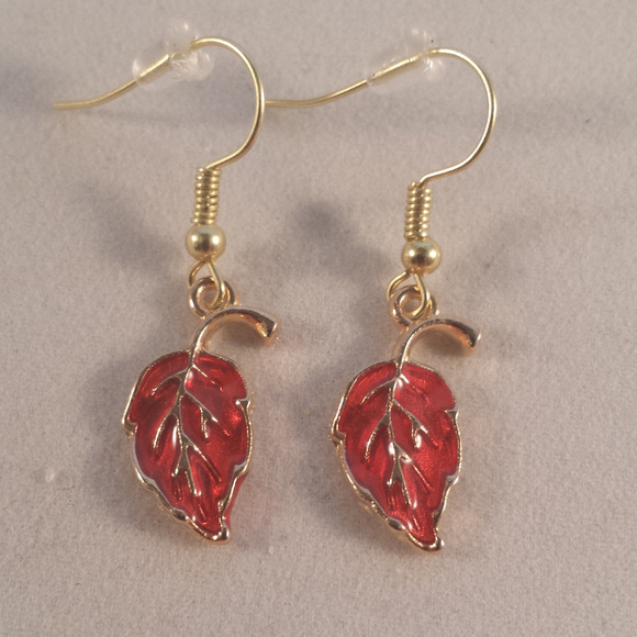 Gold Red Leaf Earrings Hypoallergenic Hooks! - Picture 1 of 2